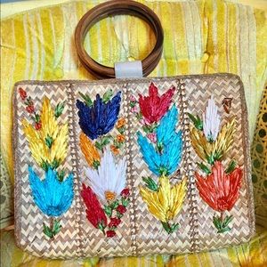 Vintage Raffia Straw Purse Wooden handles